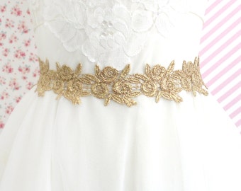 Metallic Gold Flower Lace Sash, Bridal Gold Sash, Bridesmaid Gold Sash,Flower Girl Gold Lace Sash