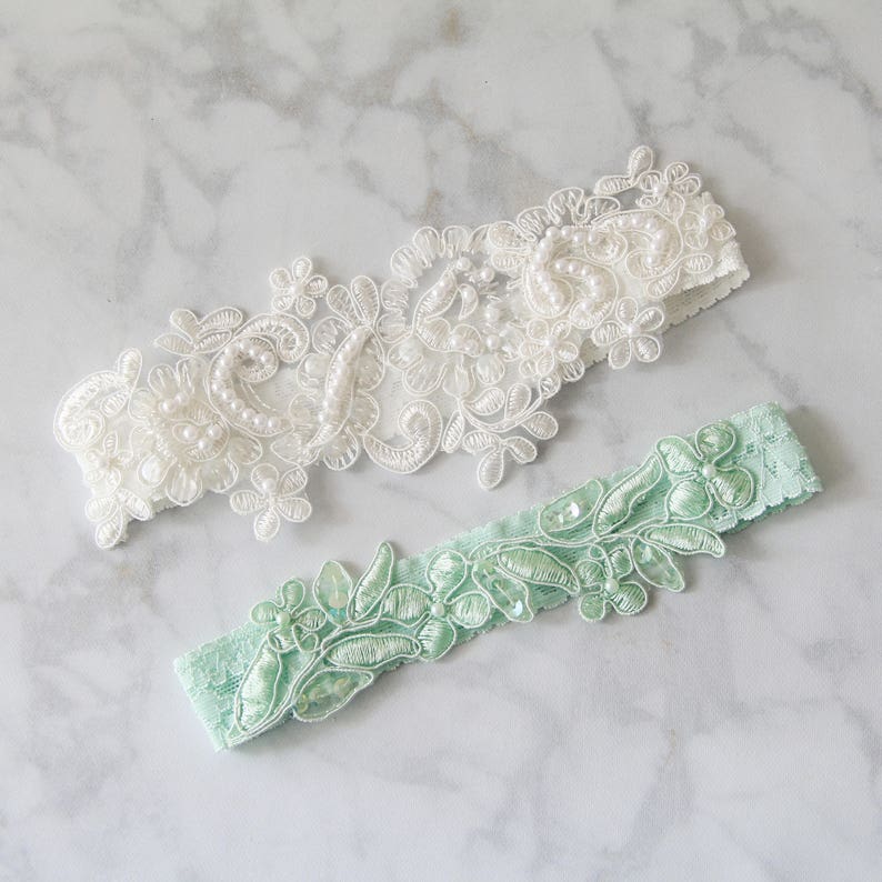 Ivory and Mint Green Beaded Lace Wedding Garter Ivory Lace - Etsy