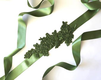 Ceinture écharpe en dentelle vert mousse, accessoire de demoiselle d'honneur nuptiale en ruban de satin pour bouquetière