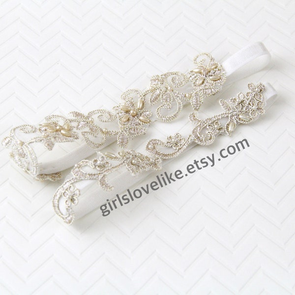 Light Gold Beaded  Lace Wedding Garter Set, Champagne Bridal Garter, Keesake Garter, Toss Garter, GT-21