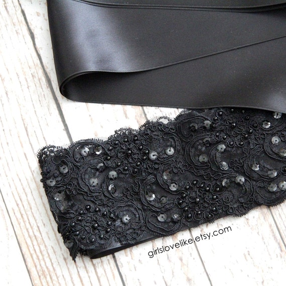 Ceinture noire en dentelle d Alencon avec perles ceinture de mariee ceinture de demoiselle d honneur large ceinture en dentelle noire Etsy France