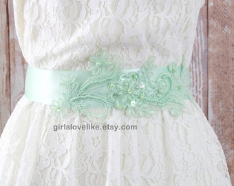 Mint Green  Beaded Lace Sash Belt,Mint Bridal Sash, Bridesmaid Sash, Flower Girl Sash Belt, Mint Lace Sash