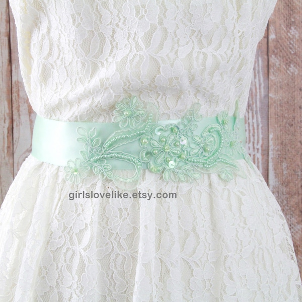 Mint Green  Beaded Lace Sash Belt,Mint Bridal Sash, Bridesmaid Sash, Flower Girl Sash Belt, Mint Lace Sash