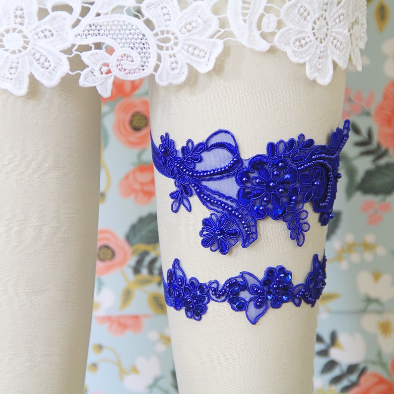 Royal Blue Beaded Lace Garter Set Bridal Blue Garter Wedding Etsy