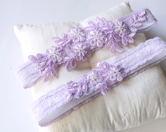 Lavender Beaded Lace Garter Set, Lilac Color Wedding Garter Belt, Prom Garter Belt