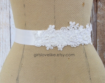 White Pearl Beaded Alencon Lace and White Ribbon Sash, Bridal White Sash, Bridesmaid Sash, Flower Girl White Sash