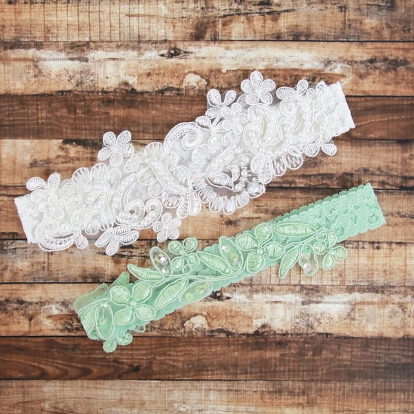 Light Ivory and Mint Green Beaded Lace Wedding Garter Set , Ivory Lace Garter, Toss Garter, Wedding Garter Belt, Mint Green Garter