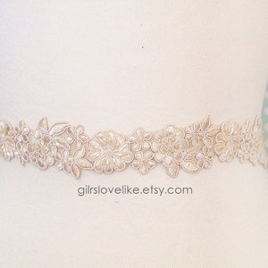Champagne Beaded Lace with Champagne Ribbon  Sash, Bridal Beige Nude  Sash, Bridesmaid   Sash,Flower Girl Lace Sash