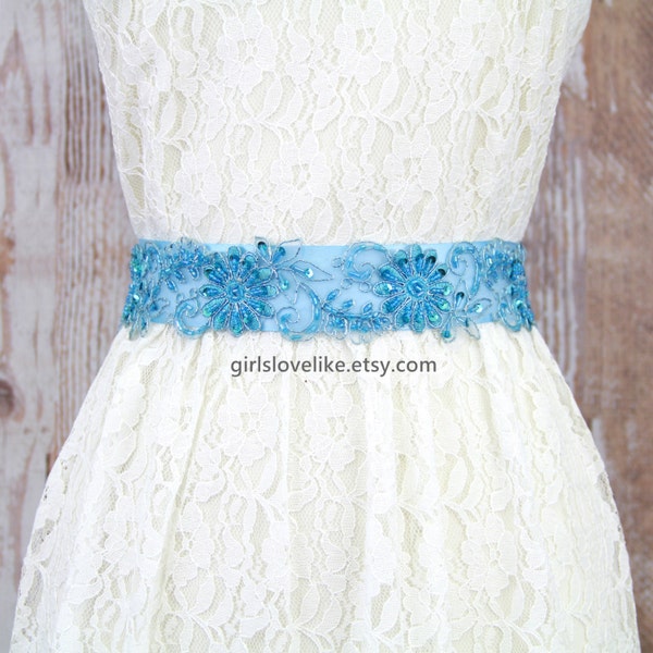 Sky Blue or Light Blue Beaded Lace Sash, Bridal Sash, Bridesmaid Sash, Flower Girl Blue Sash, Turquoise Blue Lace Sash Belt