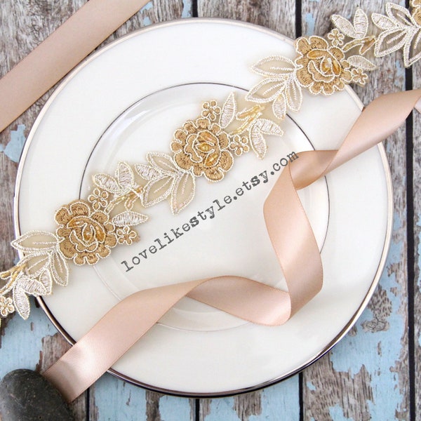 Light Gold Flower Embroidery Lace Sash Belt, Gold Lace Headband , Gold Wedding Belt,  Bridesmaid Sash, Flower Girl Sash