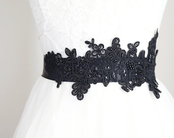 Black  Beaded Wide Black Sash , Bridal Black Sash, Bridesmaid Sash, Flower Girl Lace Sash, Black Lace Sash Belt