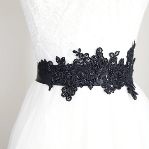 Black  Beaded Wide Black Sash , Bridal Black Sash, Bridesmaid Sash, Flower Girl Lace Sash, Black Lace Sash Belt