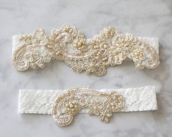 Light Gold Beaded Lace Wedding Garter Set, Light Gold Bridal Garter, Keesake Garter,Gold Toss Garter,Weddding Garter Set