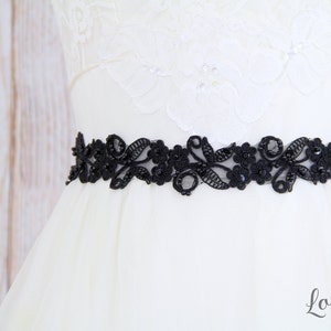 Black Beaded Lace Sash Belt, Bridal Black Sash, Bridesmaid Sash, Flower Gril Sash, Black Lace Headband, Black Sash Belt image 1