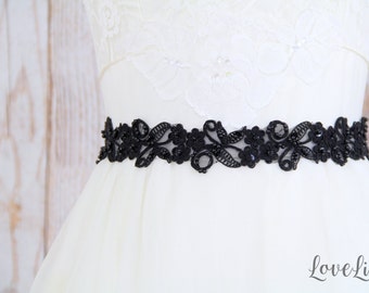 Black Beaded Lace Sash Belt, Bridal Black Sash, Bridesmaid  Sash, Flower Gril Sash, Black Lace Headband, Black Sash Belt