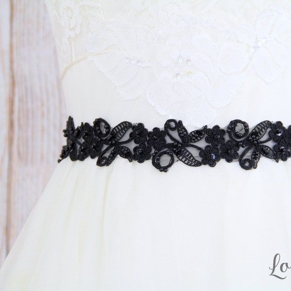 Black Beaded Lace Sash Belt, Bridal Black Sash, Bridesmaid  Sash, Flower Gril Sash, Black Lace Headband, Black Sash Belt