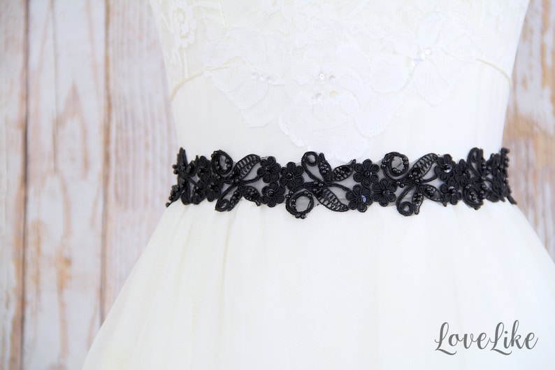 Black Beaded Lace Sash Belt, Bridal Black Sash, Bridesmaid Sash, Flower Gril Sash, Black Lace Headband, Black Sash Belt image 1