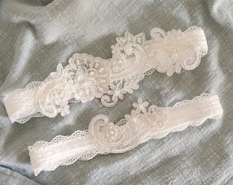 Ivory Pearl Beaded  Lace Wedding Garter Set,White Bridal Garter, Garter Belt, Prom Garter, Bridal Wedding Garter Set