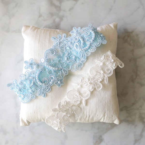 Mix and Match, Light Blue and Ivory Beaded Lace Wedding Garter Set, Light Blue Bridal Garter, Ivory Toss Garter, Wedding Garter Set