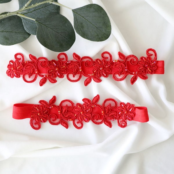 Red Beaded Lace Wedding Garter Set, Red Bridal Garter,Red Toss Garter, Red Wedding Garter, Red Prom Garter Belt