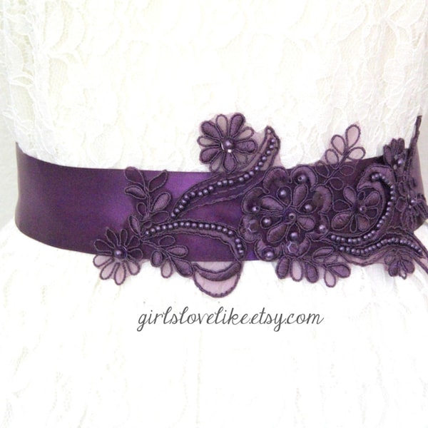 Ceinture écharpe en dentelle perlée prune, violet foncé, écharpe de mariée prune, ceinture demoiselle d'honneur, ceinture écharpe de fille d'or.
