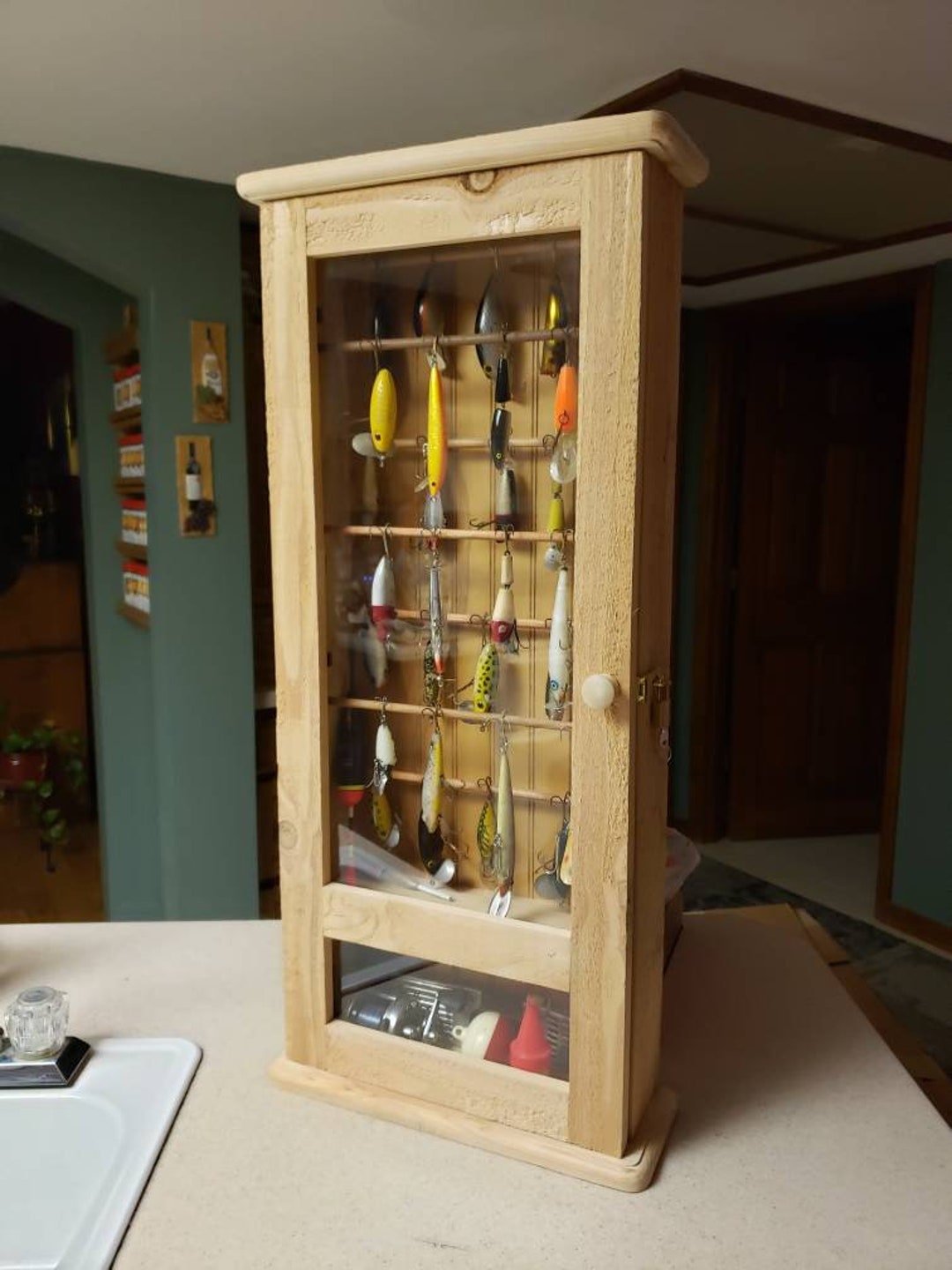 Fishing Lure/ Reel Display Cabinet. Holds Over 50 Lures. Handmade in USA.  Constructed in Western Red Cedar. 
