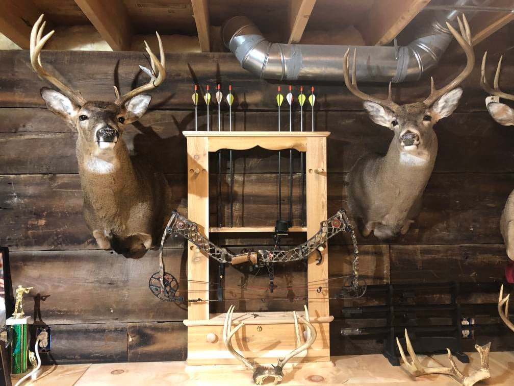 Archery Bow Rack - Arrows store vertical. Constructed in Western Cedar. Made in USA