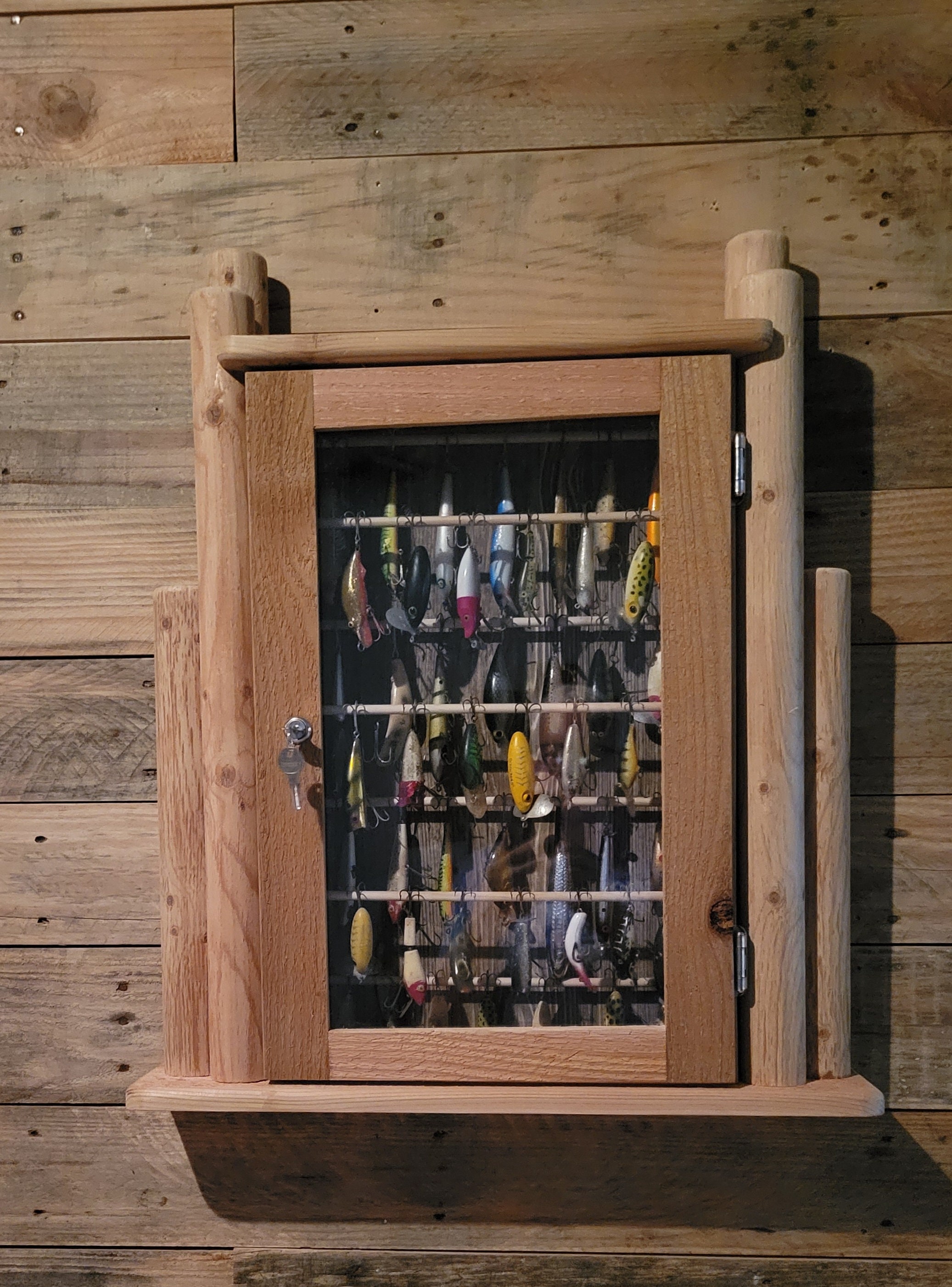 New Style Deluxe Fishing Lure Display Cabinet. Holds Over 50 Lures.  Constructed in Western Red Cedar With White Wains 