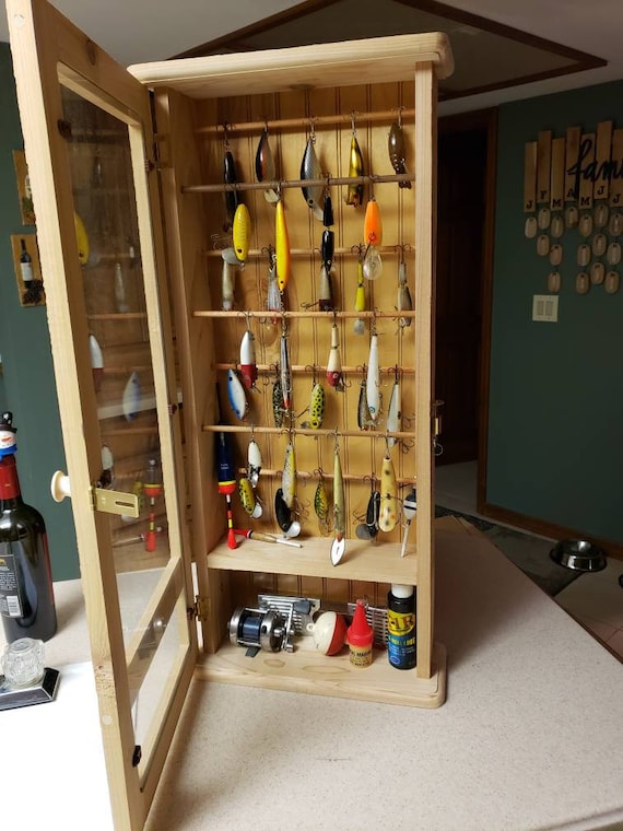 Fishing Lure/ Reel Display Cabinet. Holds Over 50 Lures. Handmade in USA.  Constructed in Western Red Cedar. 