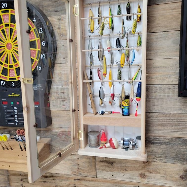 Fishing Lure/ Reel Display Cabinet. Holds over 50 Lures. Constructed in Western Red Cedar with White Wainscot back panel