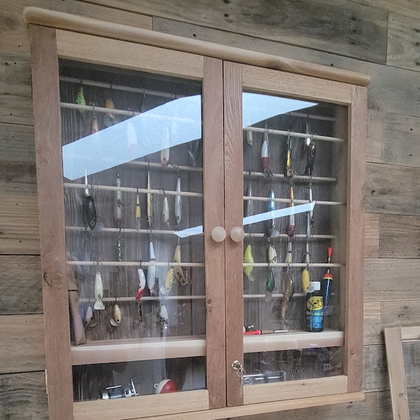 Fishing Lure/ Reel Display Cabinet. Holds over 100 Lures. Handmade in the USA. Constructed in Western Red Cedar.