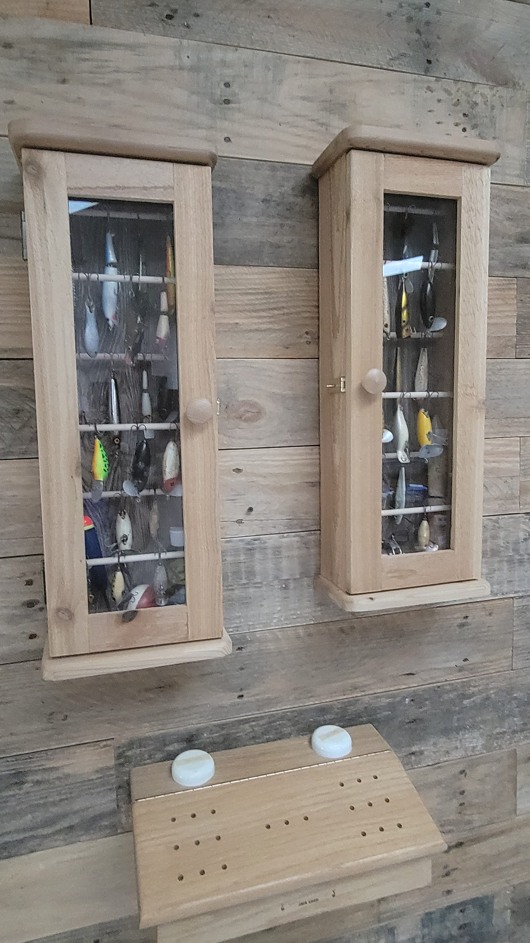 2 Fishing Lure / Reel Display Cabinets. Each Cabinet Holds Over 35 Lures.  Handmade in USA. 