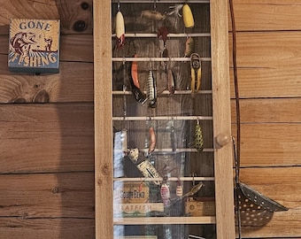 Fishing Lure/ Reel Display Cabinet. Holds over 50 Lures. Handmade in USA. Constructed in Western Red Cedar.