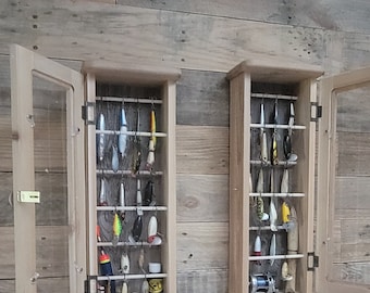 2 Fishing Lure / Reel Display cabinets. Each cabinet holds over 35 Lures. Handmade in USA. FREE SHIPPING