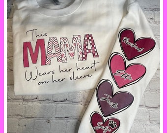 Mama Sweatshirt, this mama wears her heart on her sleeve, personalized mama crewneck sweatshirt, valentines gift for mom