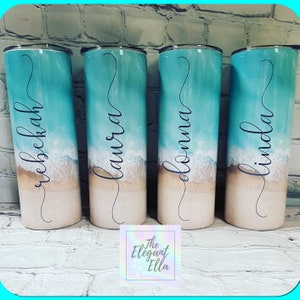 Personalized 20 oz Beach Tumbler – Custom Name Tumbler with Blue Water & Sand Design – Perfect for Beach Lovers Trips
