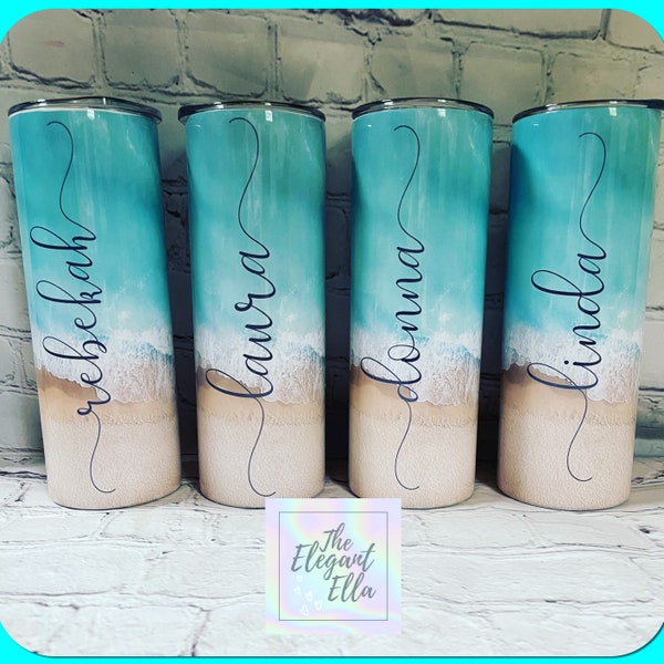 Personalized 20 oz Beach Tumbler – Custom Name Tumbler with Blue Water & Sand Design – Perfect for Beach Lovers Trips