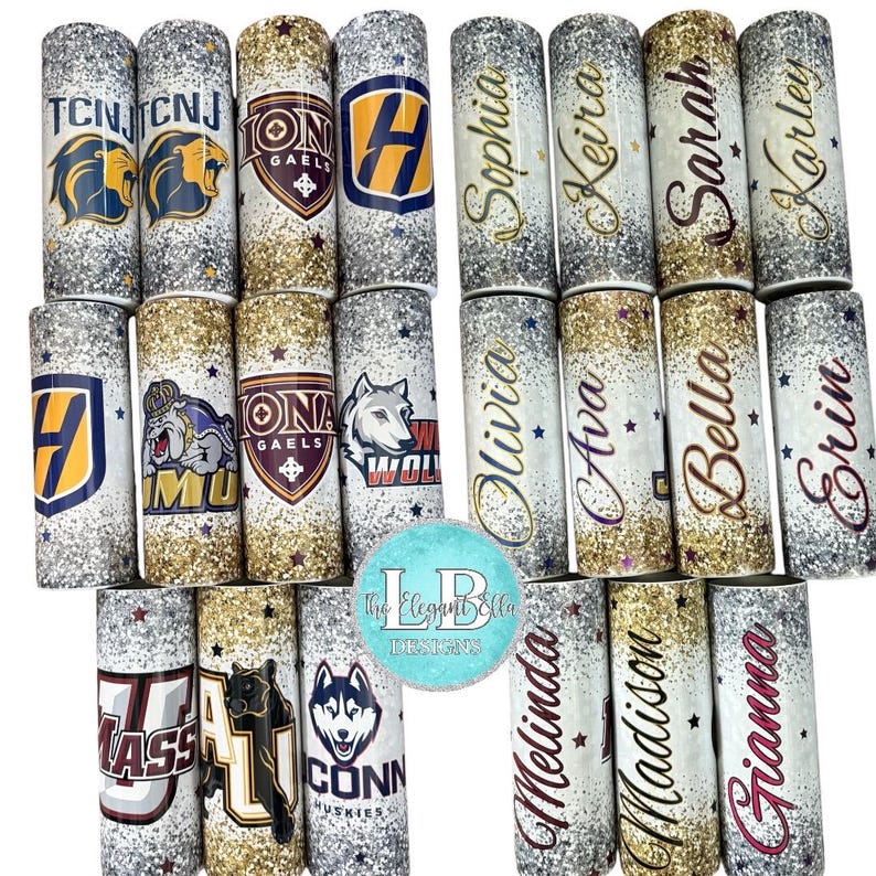 May include: A collection of glitter-covered tumblers with various designs. Some tumblers feature college logos and mascots, while others display names in elegant script. The tumblers have a silver, gold, and glittery finish.