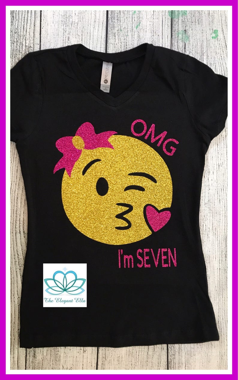 Girls Emoji shirt, girls bithday emoji shirt, kissy lips emoji, personalized Emoji top, glitter emoji shirt, emoji Biryhday shirt image 1