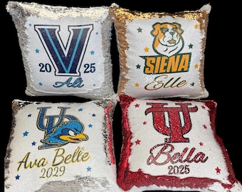 Almohada personalizada con el logo de la universidad, almohada universitaria, almohada para fiestas de cama universitarias, almohada reversible de lentejuelas para niñas