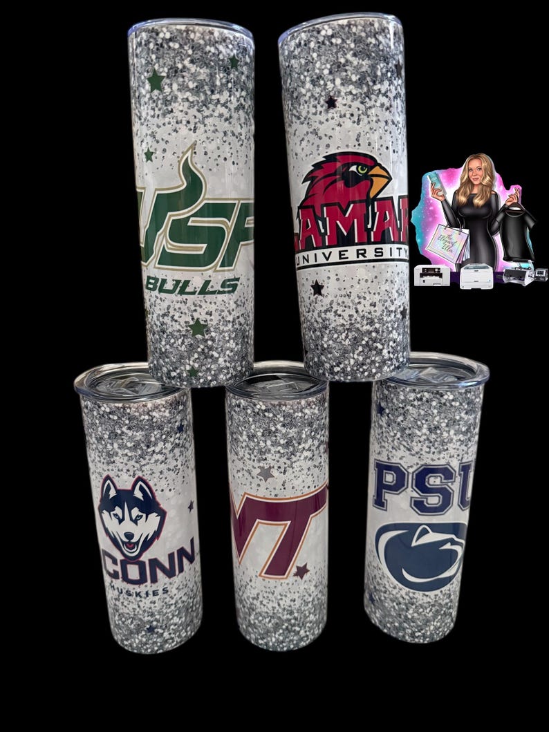 May include: Five glitter-covered tumblers with university logos. The tumblers feature logos for USF Bulls, Lamar University, UConn Huskies, Virginia Tech, and Penn State. Each tumbler has a silver glitter design with star accents.