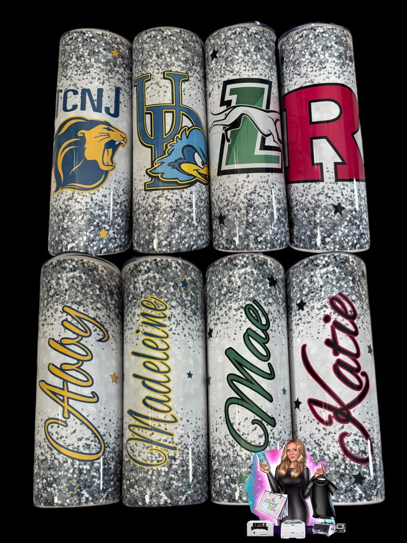 May include: Eight glitter-covered tumblers with various designs. Four tumblers feature college logos and initials, while the other four display names in cursive script. The tumblers have a silver glitter base with black accents and star details.