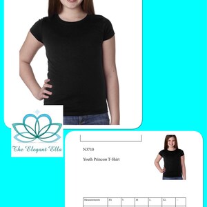 May include: Black youth princess t-shirt with short sleeves. Measurements for sizes XS, S, M, L, XL are listed in a table: Length: 19, 20, 21, 23, 25 inches. Width: 23, 25, 27, 30, 33 inches.