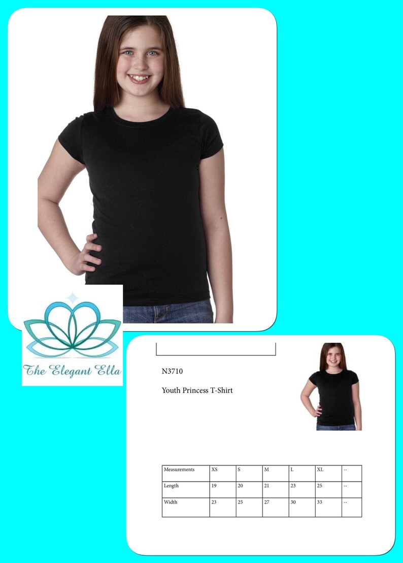 May include: Black youth princess t-shirt with short sleeves. Measurements for sizes XS, S, M, L, XL are listed in a table: Length: 19, 20, 21, 23, 25 inches. Width: 23, 25, 27, 30, 33 inches.