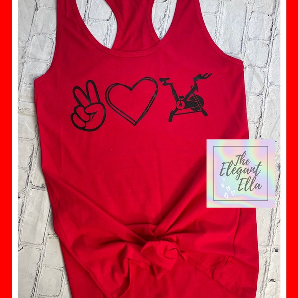 Peace Love Bike tank, RED workout tank, Indoor cycling tank, red bike tank top, indoor bike rider gift, exercise shirt