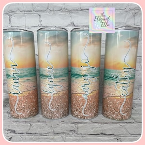 Personalized Sunset Beach Tumbler, Personalized beach drinkware, 20oz tumbler with lid, Beach lover gift,