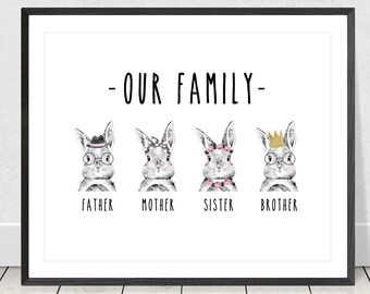 Our Family Sign, Family Custom Print, Family Members Wall Print, Family Gift, Bunny Rabbit Nursery, Bunny Lover, baby shower, family gift