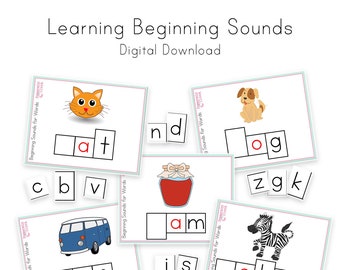 Phonics Digital Download, Beginning Sounds, Kindergarten Resource, First Grade, Alphabet Sounds, Homeschool Teaching, CVC words, Language