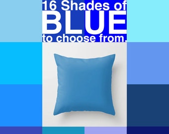 May include: A blue throw pillow with the text "16 Shades of BLUE to choose from." The pillow is on a white background with a grid of 16 blue squares.