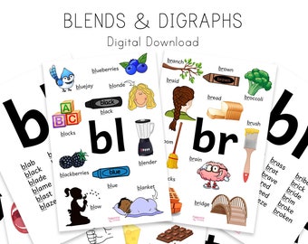 Blends and Digraphs Digital Download, Learn to Read, Phonics FlashCards, Montessori, Homeschool Mom, Kindergarten, First Grade, Teaching